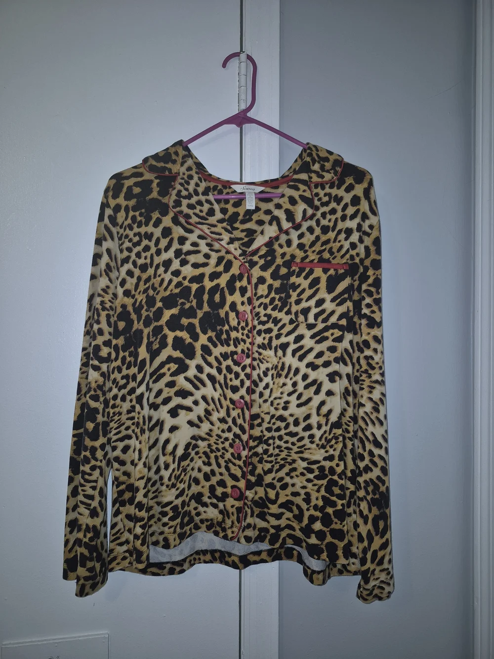Soma XL Leopard Print Button-Up Pajama Top with Red Piping